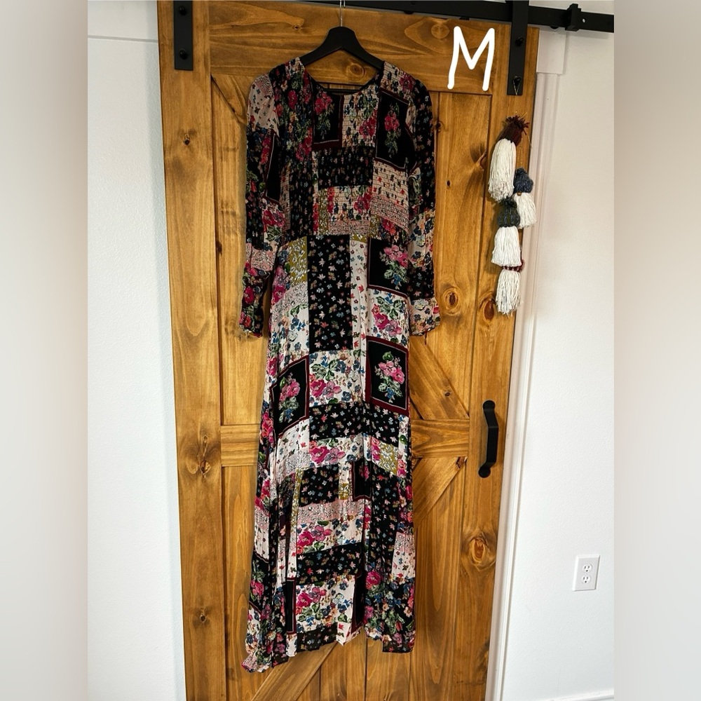 Johnny Was Black and Pink A-Line Dress with Bishop Sleeves - Picture 1 of 5